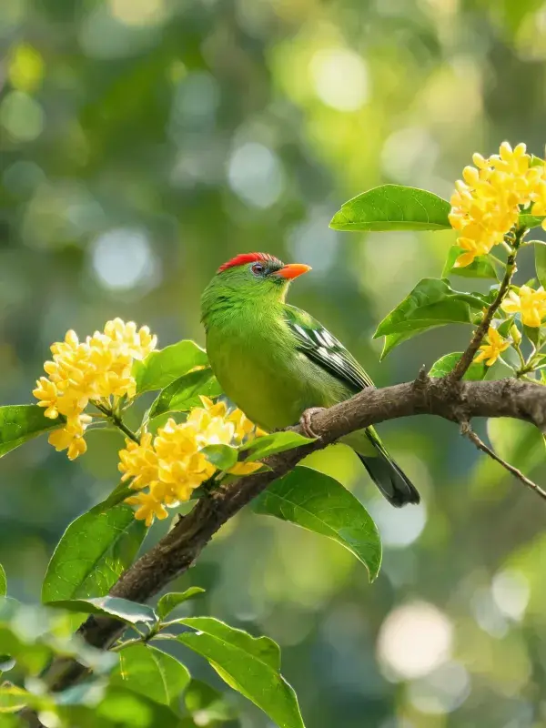 阳光下红冠绿啄花鸟栖息黄花枝