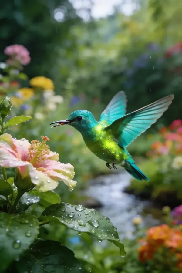 雨中花园里的翠蜂鸟特写场景