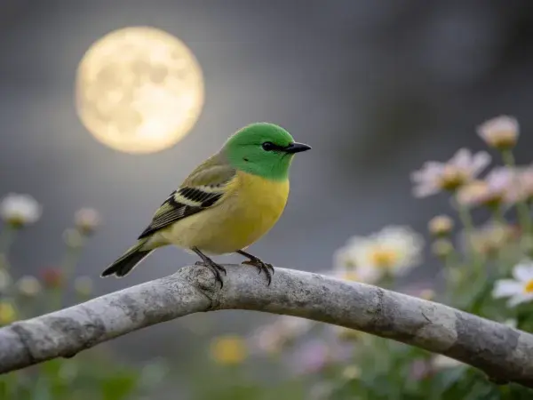 绿顶黄腹小鸟栖息于枯枝之上