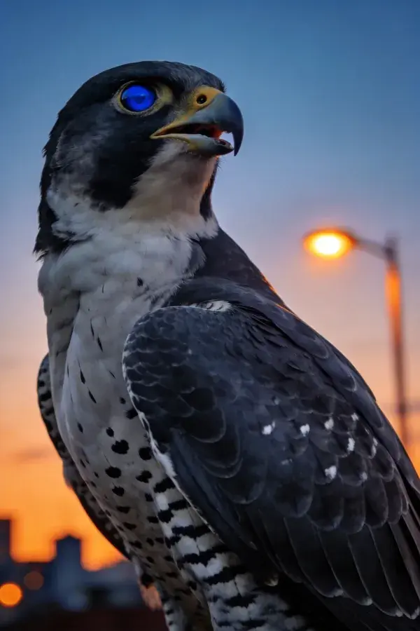 阳光下城市中的游隼特写镜头