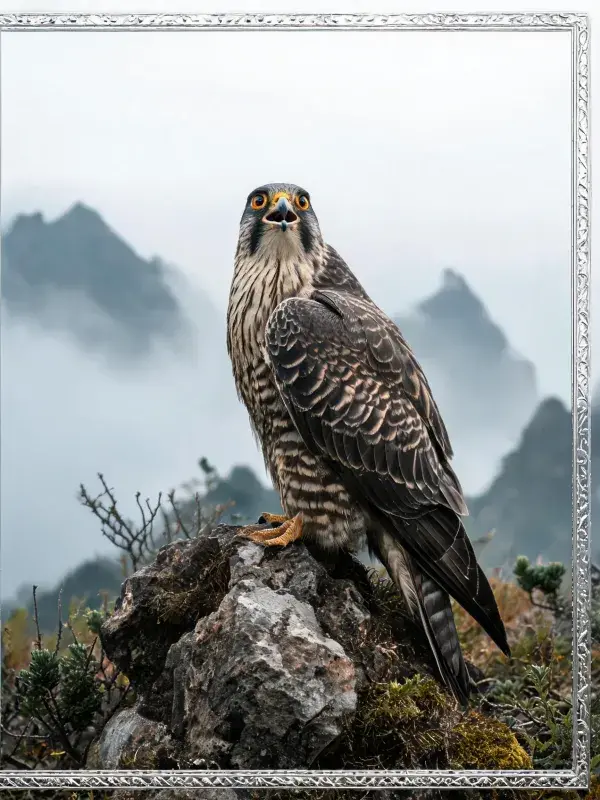 山地岩石上的猛禽栖息瞬间