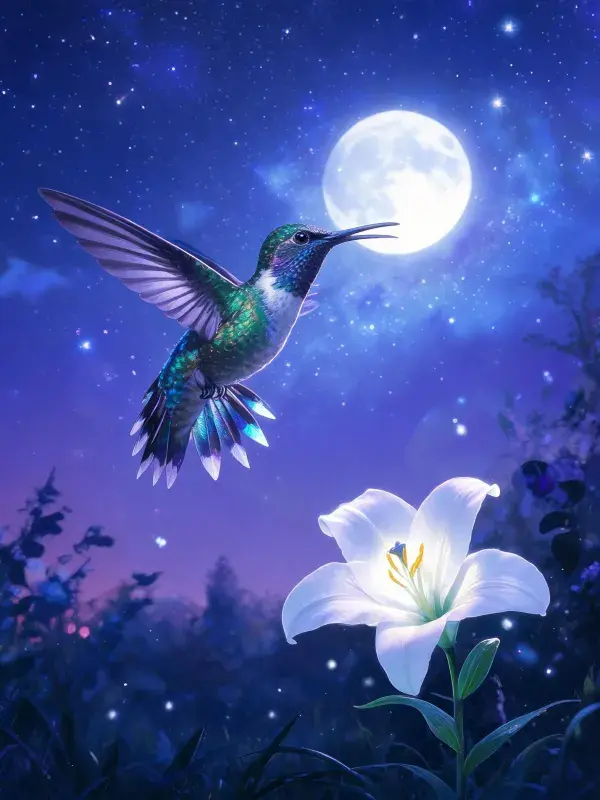 夜晚月光下翠羽蜂鸟与百合花场景