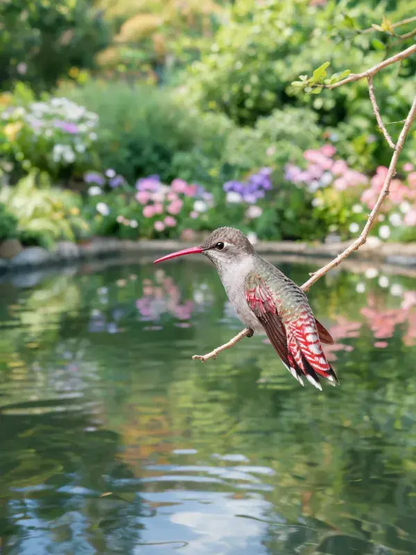 红尾蜂鸟栖息于花园树枝旁