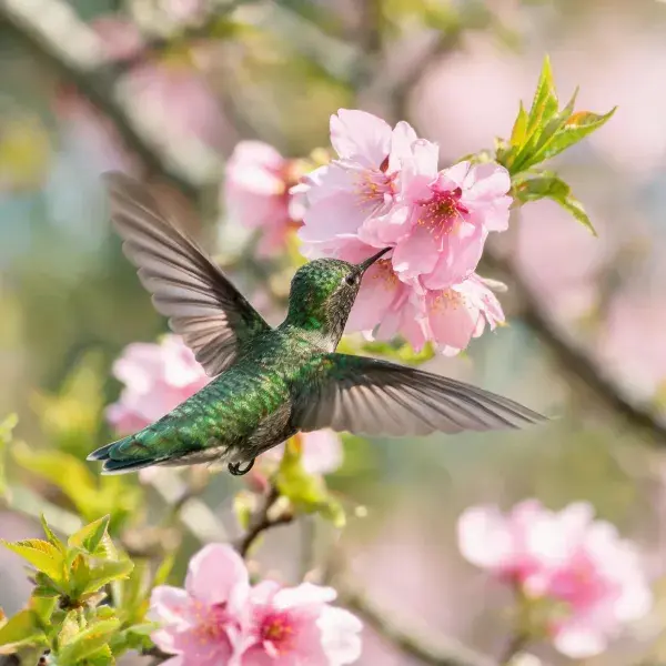 蜂鸟吸食樱花枝桠间花粉