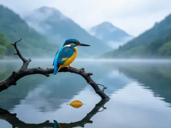 山水雾霭中静立的翠羽鱼狗