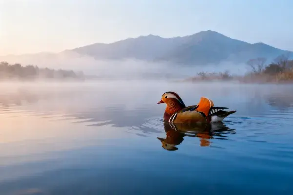 鸳鸯在晨雾中的水面游弋场景