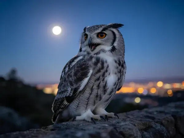 雕鸮栖息于石壁下的夜空场景