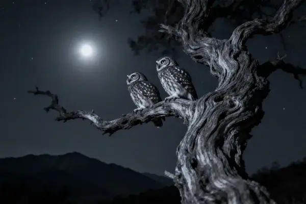 夜空下枯枝上的领角鸮群栖