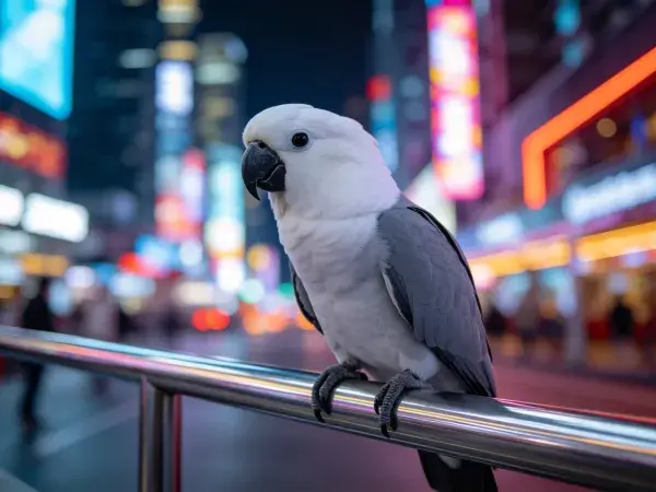 都市夜景栏杆上的大葵花鹦鹉