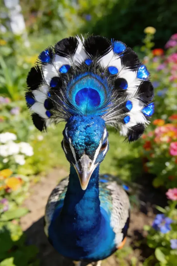 花园中蓝孔雀开屏特写