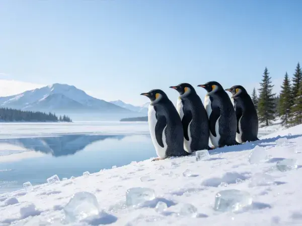 帝企鹅雪地湖畔群居景象