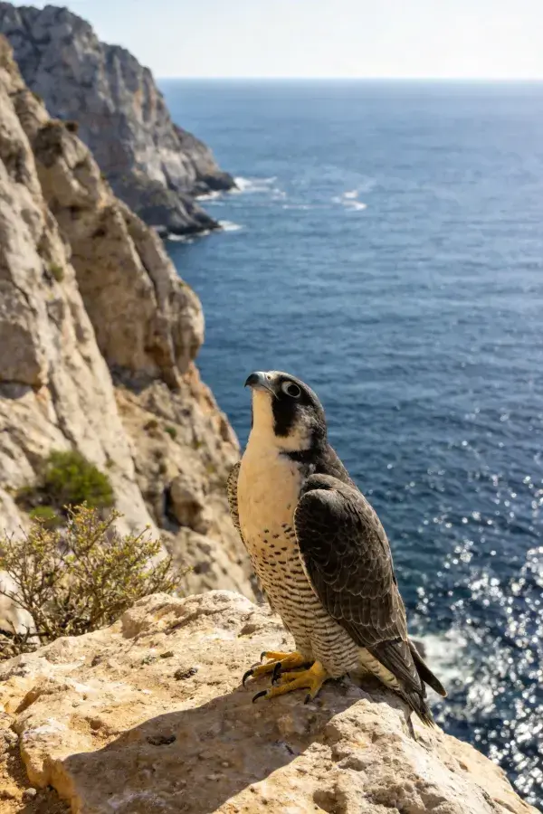 海岸悬崖上的游隼特写