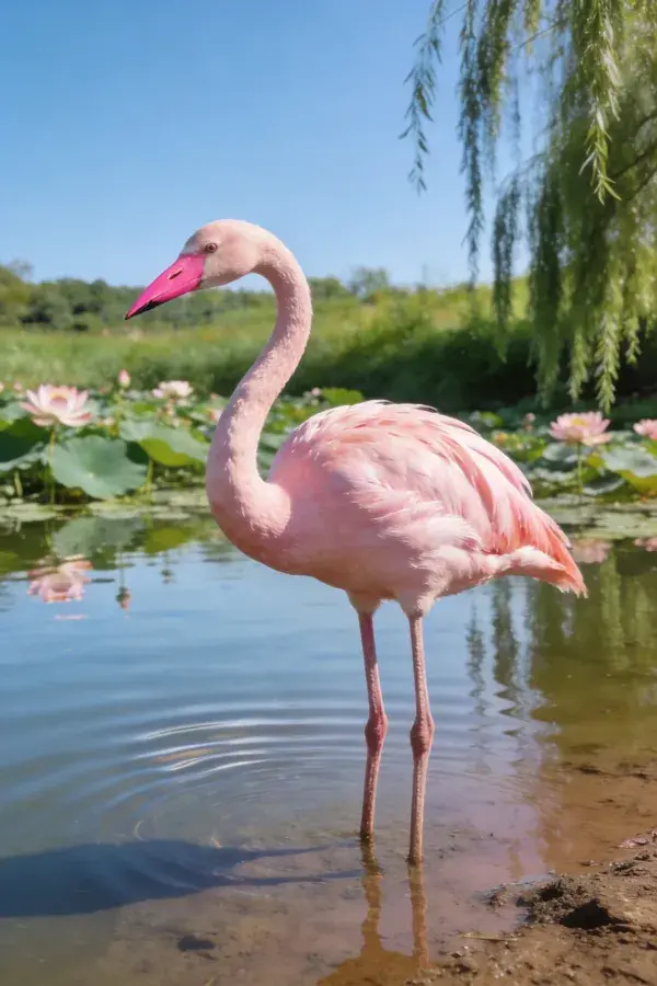 池塘荷花旁火烈鸟的晴日特写