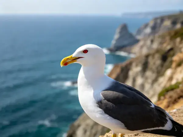 海岸悬崖上的大黑背鸥特写