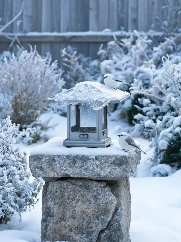 雪地石柱上的小型雪地鸣禽栖息图