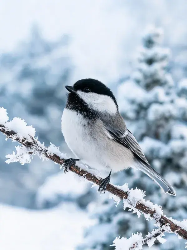 雪地冰枝上的黑顶山雀栖息图