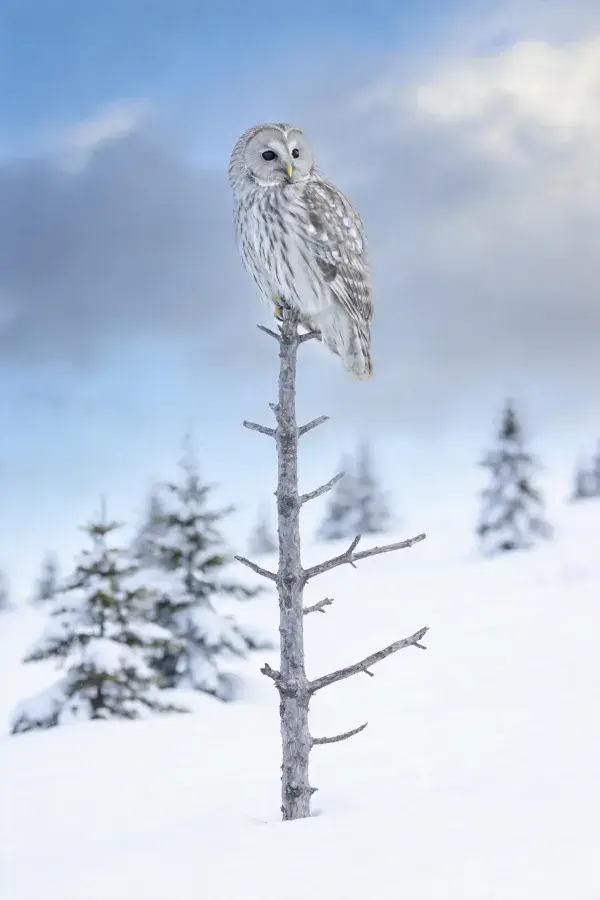 冬日雪地枯枝上的条纹猫头鹰
