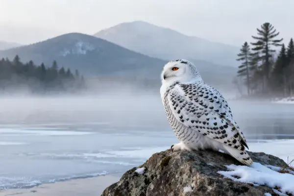 雪鸮栖息于岩石之上的冰雪景观图