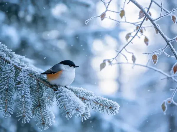 雪地松枝上的红胸䴓栖息
