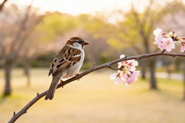 花枝上的家麻雀栖息图