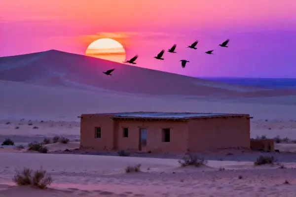 沙漠土坯房与飞鸟夕阳景象