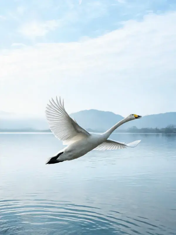 疣鼻天鹅掠过湖面的飞翔景象
