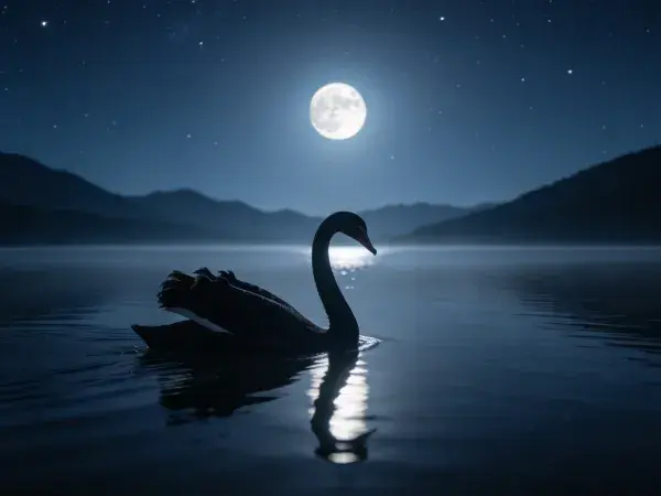 月夜湖面黑天鹅浮游景象