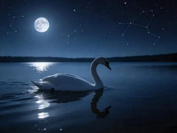 夜月下的湖面天鹅场景