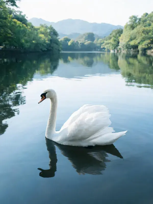 疣鼻天鹅游弋于清澈湖面