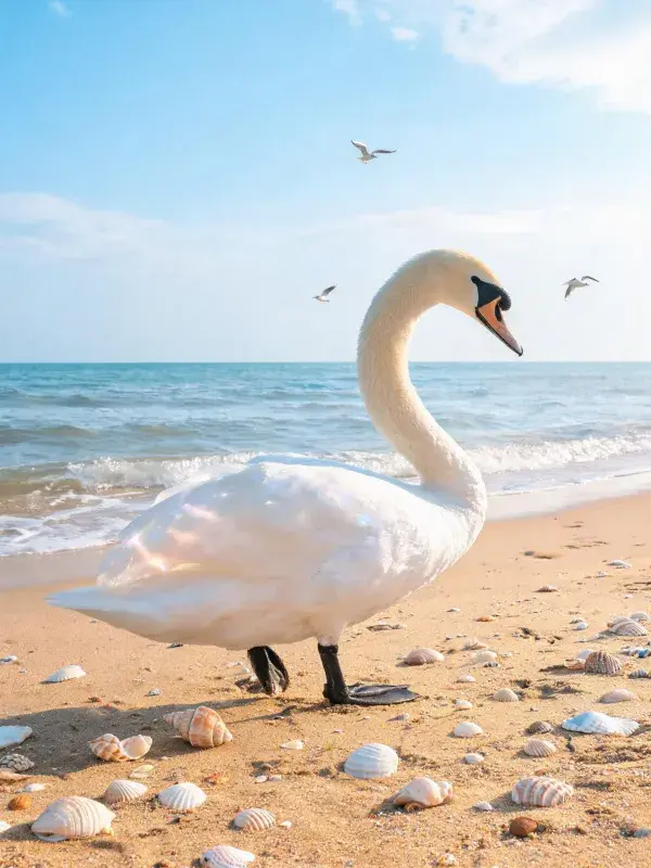 海滩上的疣鼻天鹅与贝壳景致