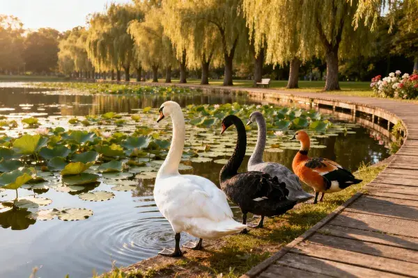 阶梯旁的多类水禽集合场景