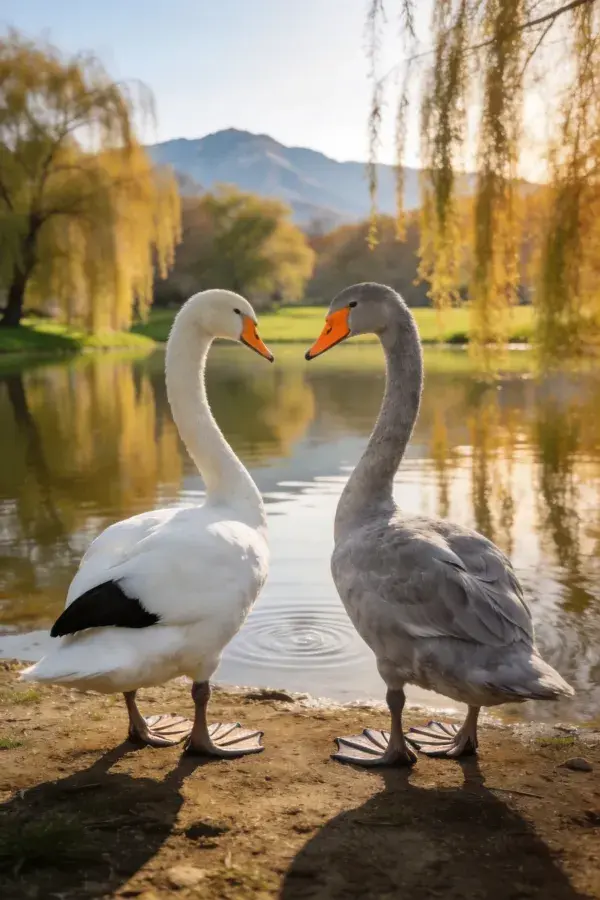 湖畔两只疣鼻天鹅互动场景