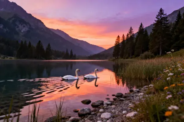 阳光下的山水湖畔天鹅景观