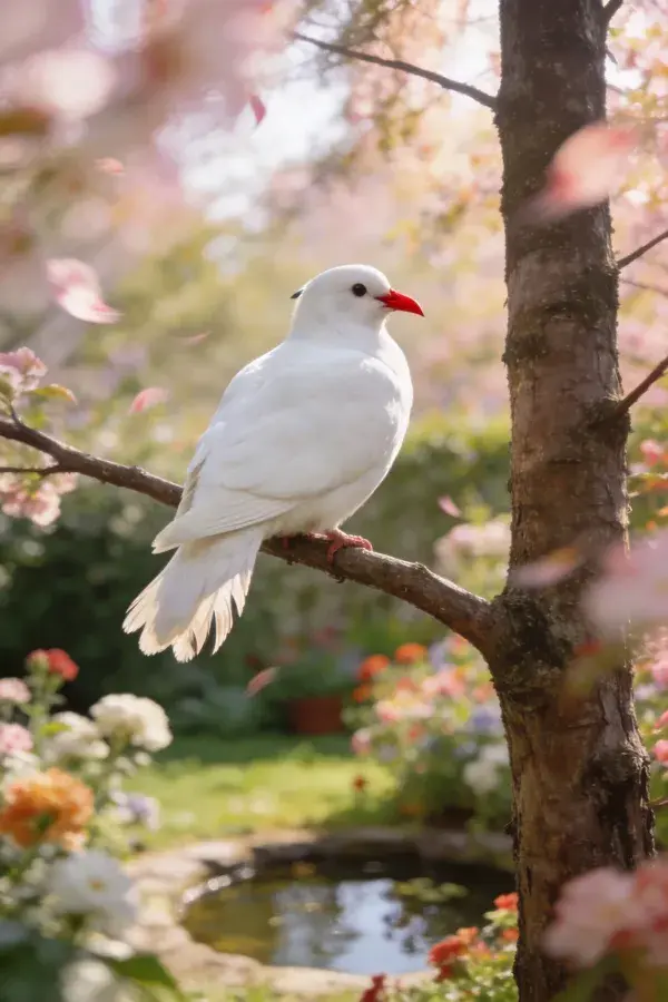 花园春景中白羽皇鸽栖息图