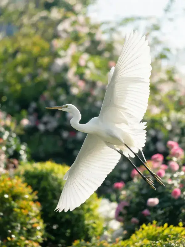 阳光花园中的大白鹭飞行图