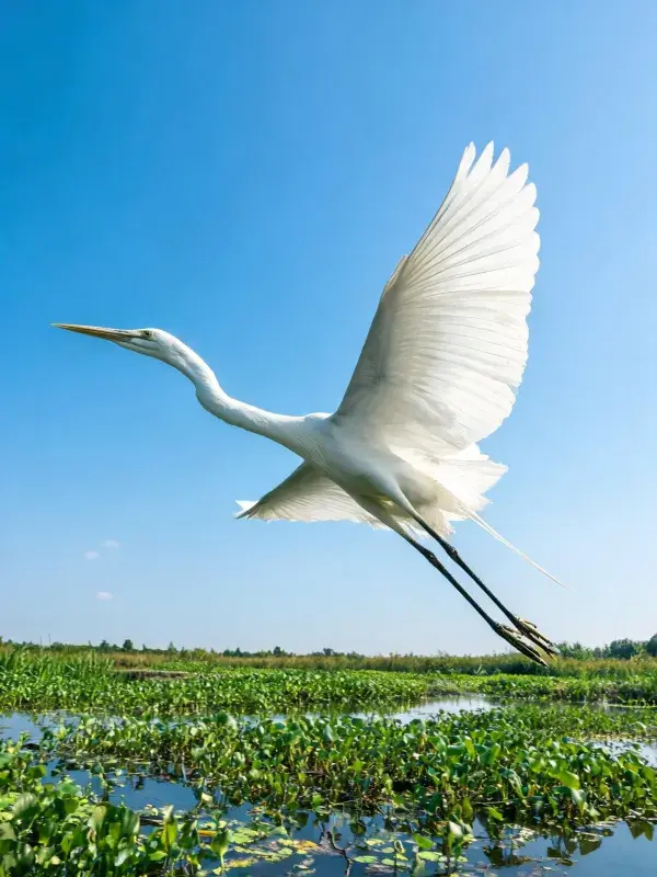 白鹭低空掠过湿地水域飞行画面
