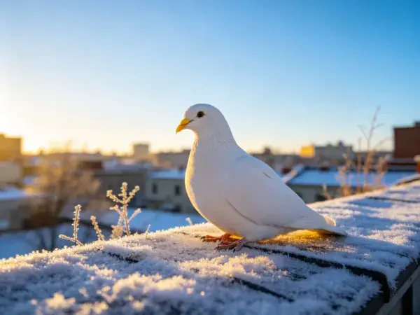 阳台雪地上的白羽原鸽栖息景象