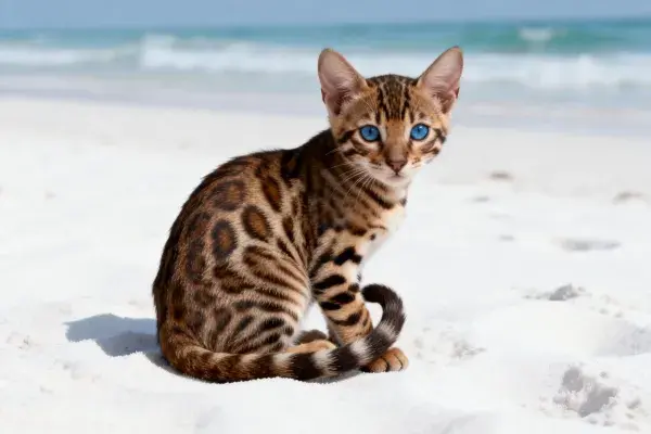 海滩上的孟加拉豹猫特写