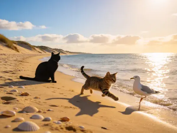 短毛虎斑猫跃向海滩海鸥场景