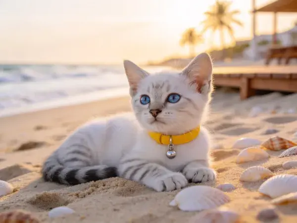 沙滩上蓝眼睛白色短毛家猫休憩场景