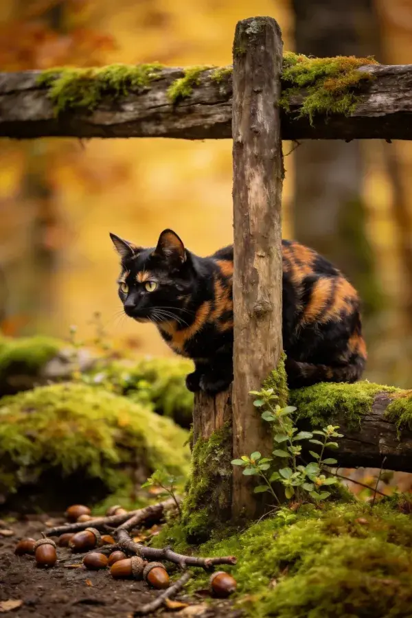 玳瑁猫栖息在苔藓木栅栏处