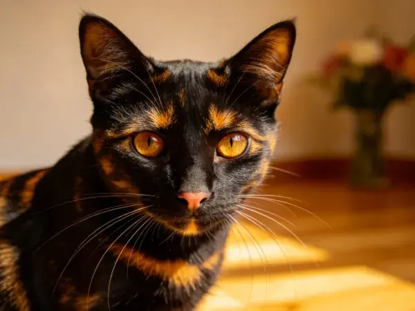 室内暖光下玳瑁猫特写