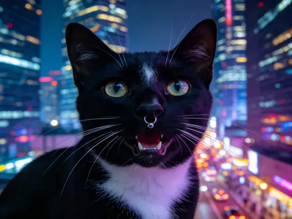 城市夜景下注视镜头的黑白花短毛家猫