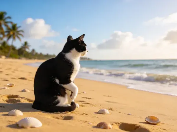 沙滩上凝望海面的黑白短毛家猫