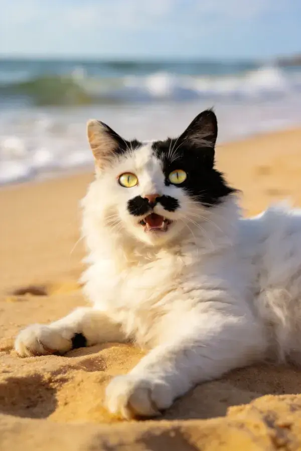 沙滩上的黑白双色长毛家猫
