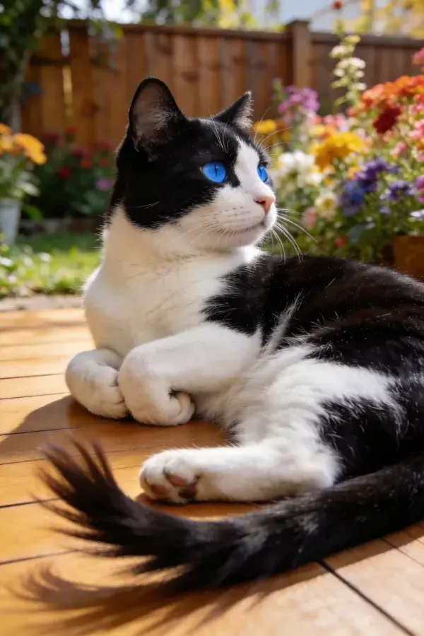 阳台木板上蓝眼黑白短毛家猫眺望花园