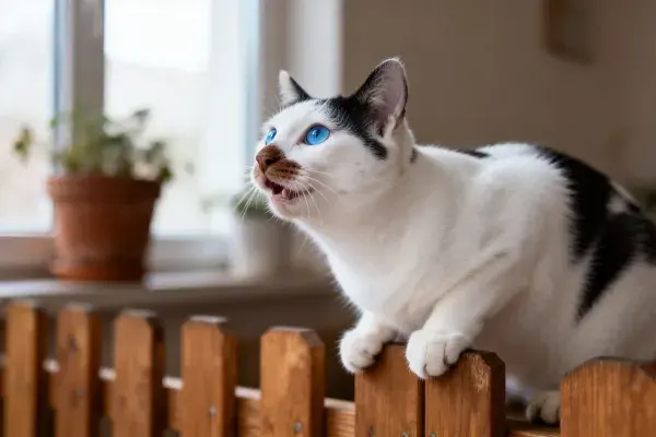 黑白短毛家猫张望于木栅栏上