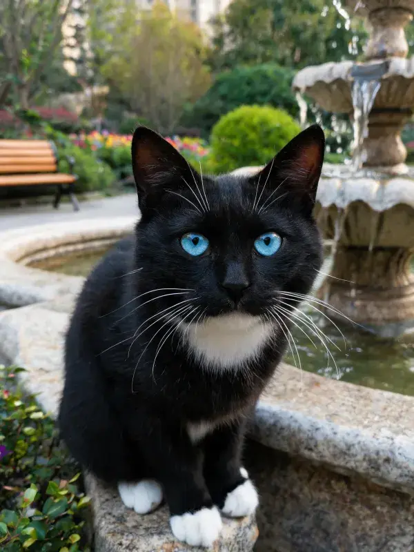 黑白短毛家猫在喷泉边的观察姿态