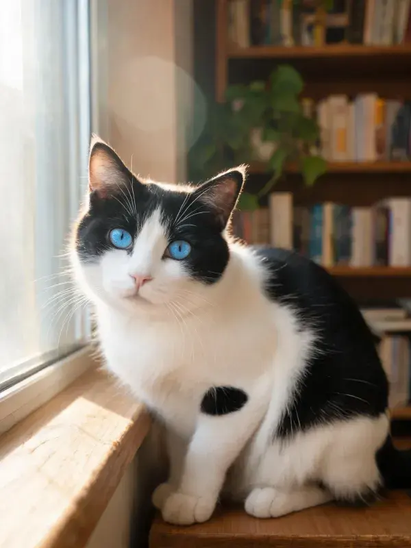 窗边蓝眼黑白短毛家猫的安静姿态