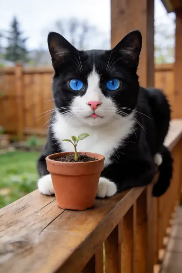 户外木栅栏旁黑白短毛家猫与盆栽